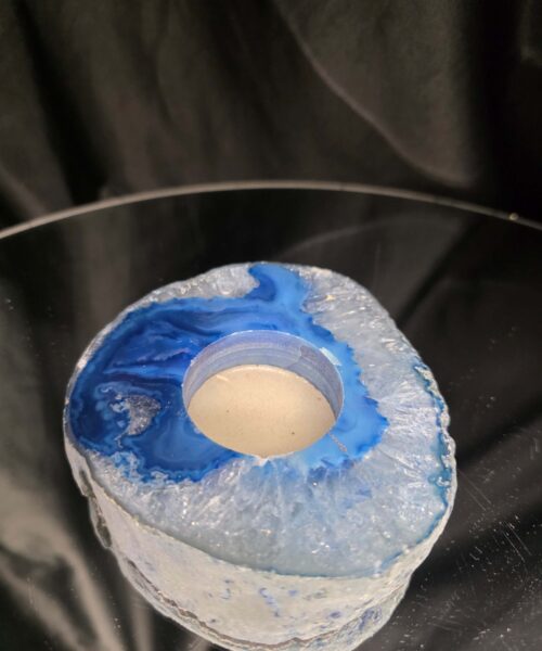 Large Blue Agate Slice 3 Handpicked 385g H2.5xW10xD10cm Microcrystalline Quartz Tealight Candle Holder Ornament - Image 5