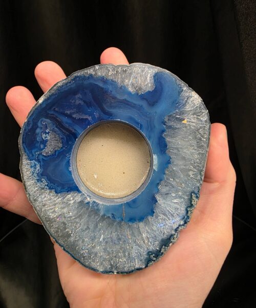 Large Blue Agate Slice 3 Handpicked 385g H2.5xW10xD10cm Microcrystalline Quartz Tealight Candle Holder Ornament - Image 6