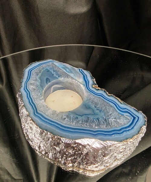 Large Blue Agate Slice 2 Handpicked 481g H3xW14xD9cm Microcrystalline Quartz Silver Gilded Tealight Candle Holder