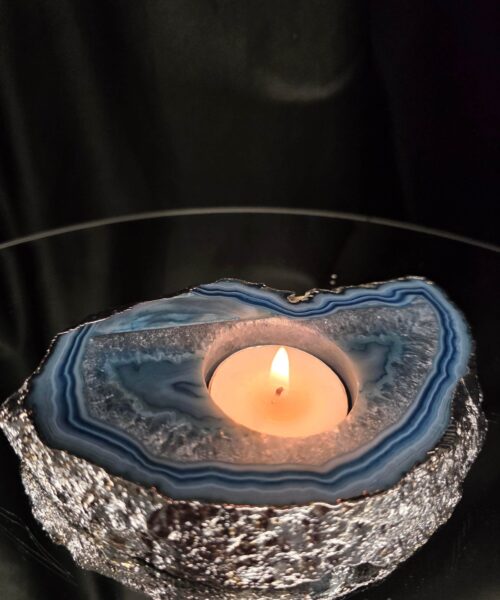 Large Blue Agate Slice 2 Handpicked 481g H3xW14xD9cm Microcrystalline Quartz Silver Gilded Tealight Candle Holder - Image 11