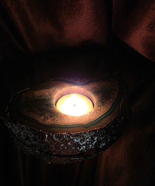 Large Blue Agate Slice 2 Handpicked 481g H3xW14xD9cm Microcrystalline Quartz Silver Gilded Tealight Candle Holder - Image 12