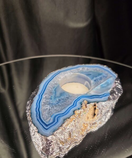 Large Blue Agate Slice 2 Handpicked 481g H3xW14xD9cm Microcrystalline Quartz Silver Gilded Tealight Candle Holder - Image 3
