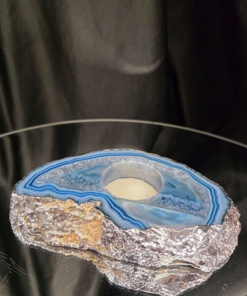 Large Blue Agate Slice 2 Handpicked 481g H3xW14xD9cm Microcrystalline Quartz Silver Gilded Tealight Candle Holder - Image 4