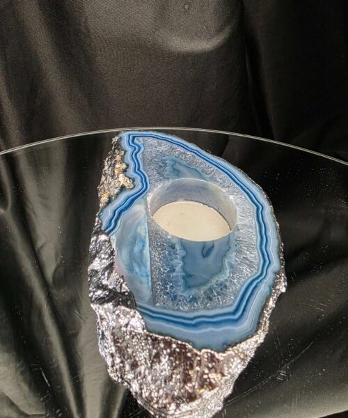 Large Blue Agate Slice 2 Handpicked 481g H3xW14xD9cm Microcrystalline Quartz Silver Gilded Tealight Candle Holder - Image 5
