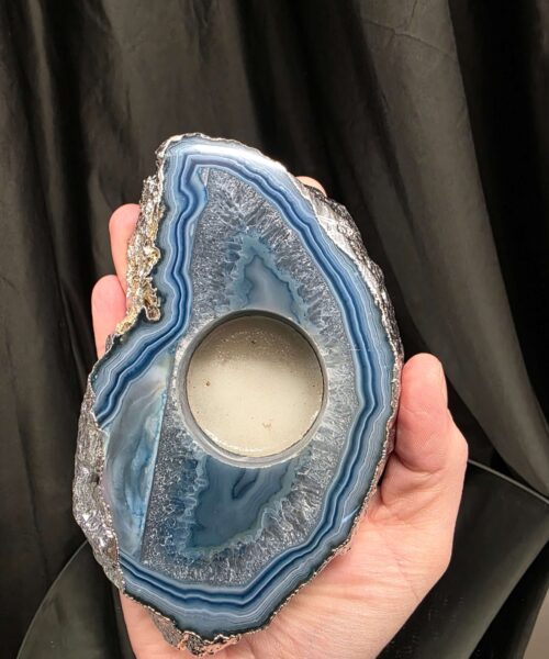 Large Blue Agate Slice 2 Handpicked 481g H3xW14xD9cm Microcrystalline Quartz Silver Gilded Tealight Candle Holder - Image 6