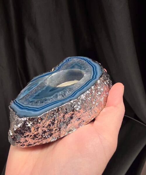 Large Blue Agate Slice 2 Handpicked 481g H3xW14xD9cm Microcrystalline Quartz Silver Gilded Tealight Candle Holder - Image 7