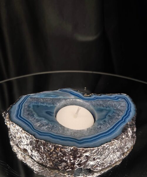 Large Blue Agate Slice 2 Handpicked 481g H3xW14xD9cm Microcrystalline Quartz Silver Gilded Tealight Candle Holder - Image 8