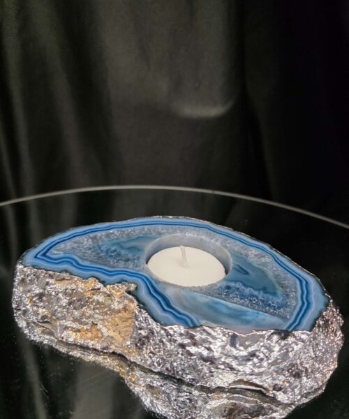 Large Blue Agate Slice 2 Handpicked 481g H3xW14xD9cm Microcrystalline Quartz Silver Gilded Tealight Candle Holder - Image 9
