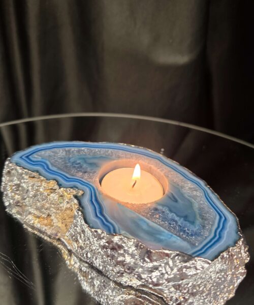 Large Blue Agate Slice 2 Handpicked 481g H3xW14xD9cm Microcrystalline Quartz Silver Gilded Tealight Candle Holder - Image 10