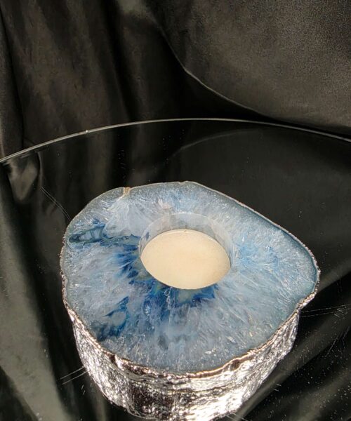 Large Blue Agate Slice 3 Handpicked 326g H2xW11xD9.5cm Microcrystalline Quartz Silver Gilded Tealight Candle Holder