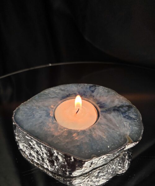 Large Blue Agate Slice 3 Handpicked 326g H2xW11xD9.5cm Microcrystalline Quartz Silver Gilded Tealight Candle Holder - Image 11