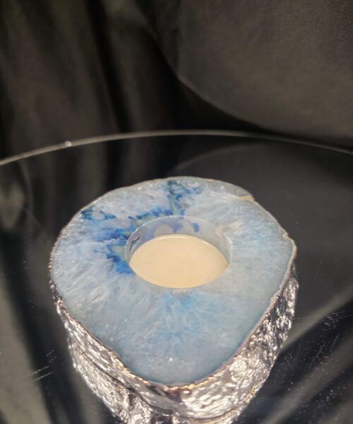 Large Blue Agate Slice 3 Handpicked 326g H2xW11xD9.5cm Microcrystalline Quartz Silver Gilded Tealight Candle Holder - Image 3