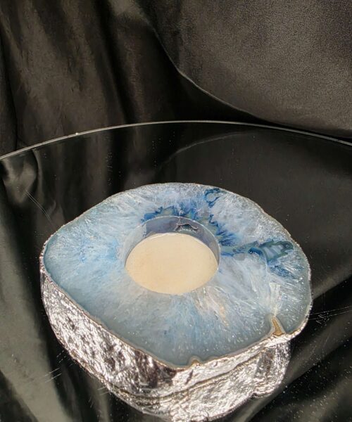 Large Blue Agate Slice 3 Handpicked 326g H2xW11xD9.5cm Microcrystalline Quartz Silver Gilded Tealight Candle Holder - Image 4