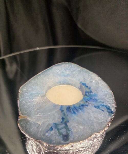 Large Blue Agate Slice 3 Handpicked 326g H2xW11xD9.5cm Microcrystalline Quartz Silver Gilded Tealight Candle Holder - Image 5