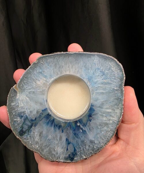 Large Blue Agate Slice 3 Handpicked 326g H2xW11xD9.5cm Microcrystalline Quartz Silver Gilded Tealight Candle Holder - Image 6