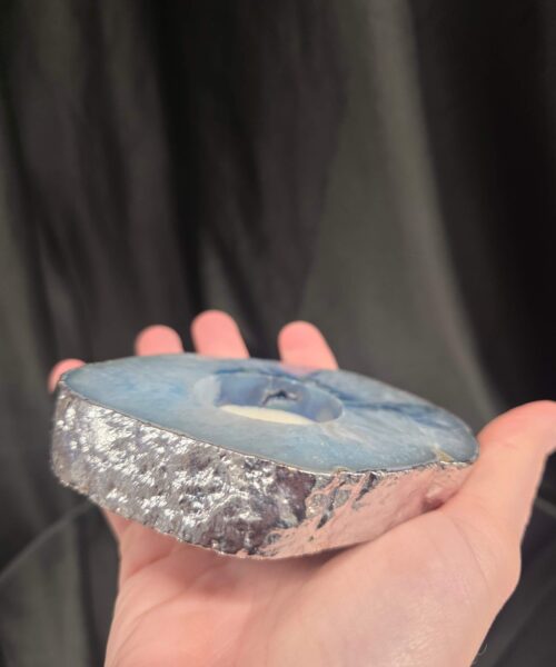 Large Blue Agate Slice 3 Handpicked 326g H2xW11xD9.5cm Microcrystalline Quartz Silver Gilded Tealight Candle Holder - Image 8