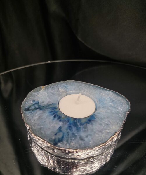 Large Blue Agate Slice 3 Handpicked 326g H2xW11xD9.5cm Microcrystalline Quartz Silver Gilded Tealight Candle Holder - Image 9