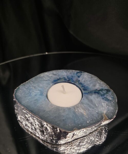 Large Blue Agate Slice 3 Handpicked 326g H2xW11xD9.5cm Microcrystalline Quartz Silver Gilded Tealight Candle Holder - Image 10
