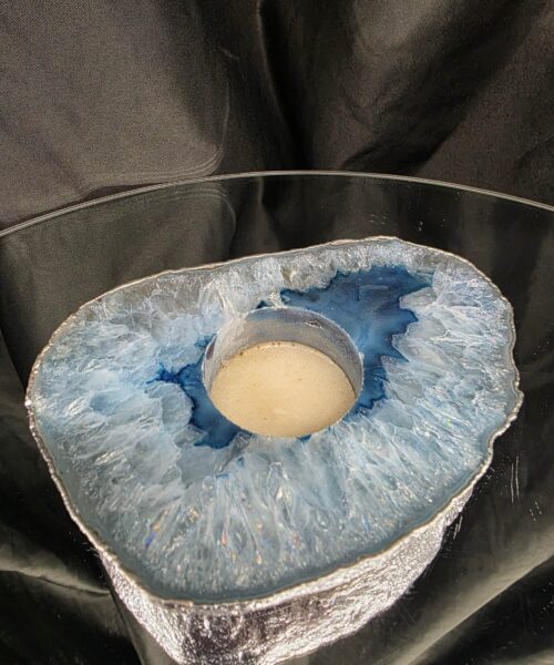 Large Blue Agate Slice 1 Handpicked 488g H2xW13xD9.5cm Microcrystalline Quartz Silver Gilded Tealight Candle Holder