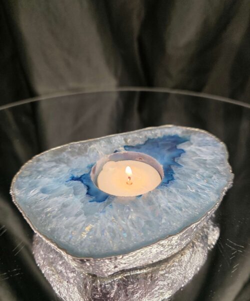 Large Blue Agate Slice 1 Handpicked 488g H2xW13xD9.5cm Microcrystalline Quartz Silver Gilded Tealight Candle Holder - Image 10