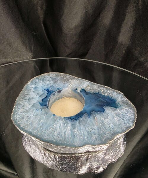 Alternative view of Large Blue Agate Slice 1 Handpicked 488g H2xW13xD9.5cm Microcrystalline Quartz Silver Gilded Tealight Candle Holder