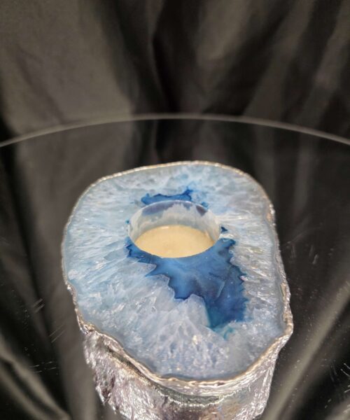 Large Blue Agate Slice 1 Handpicked 488g H2xW13xD9.5cm Microcrystalline Quartz Silver Gilded Tealight Candle Holder - Image 3