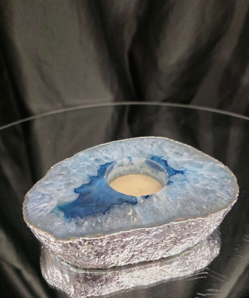 Large Blue Agate Slice 1 Handpicked 488g H2xW13xD9.5cm Microcrystalline Quartz Silver Gilded Tealight Candle Holder - Image 4