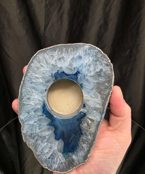 Large Blue Agate Slice 1 Handpicked 488g H2xW13xD9.5cm Microcrystalline Quartz Silver Gilded Tealight Candle Holder - Image 5