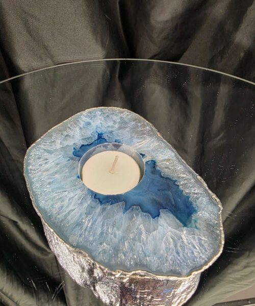 Large Blue Agate Slice 1 Handpicked 488g H2xW13xD9.5cm Microcrystalline Quartz Silver Gilded Tealight Candle Holder - Image 7