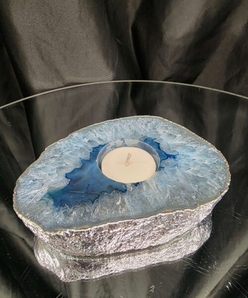 Large Blue Agate Slice 1 Handpicked 488g H2xW13xD9.5cm Microcrystalline Quartz Silver Gilded Tealight Candle Holder - Image 8