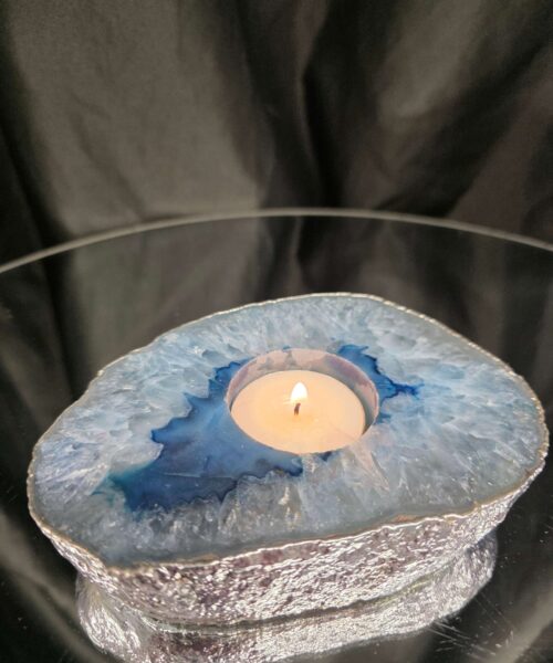 Large Blue Agate Slice 1 Handpicked 488g H2xW13xD9.5cm Microcrystalline Quartz Silver Gilded Tealight Candle Holder - Image 9