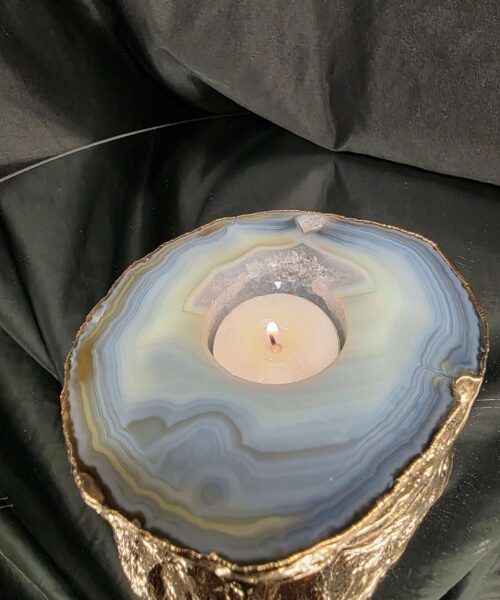 Grey Natural Agate Slice 1 Handpicked 495g H2xW12.5xD10.5cm Microcrystalline Quartz Gold Gilded 24ct Tealight Candle Holder