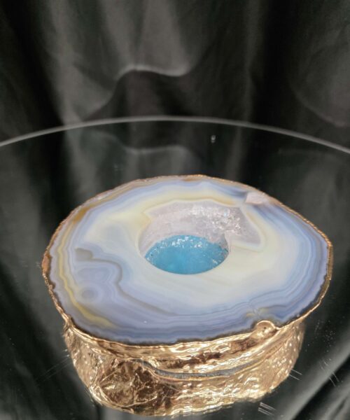 Grey Natural Agate Slice 1 Handpicked 495g H2xW12.5xD10.5cm Microcrystalline Quartz Gold Gilded 24ct Tealight Candle Holder - Image 3