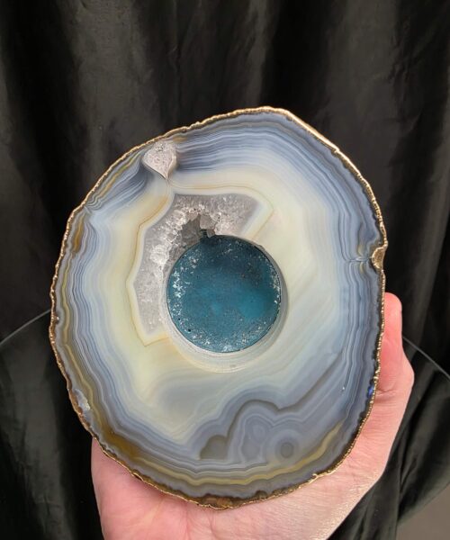 Grey Natural Agate Slice 1 Handpicked 495g H2xW12.5xD10.5cm Microcrystalline Quartz Gold Gilded 24ct Tealight Candle Holder - Image 5