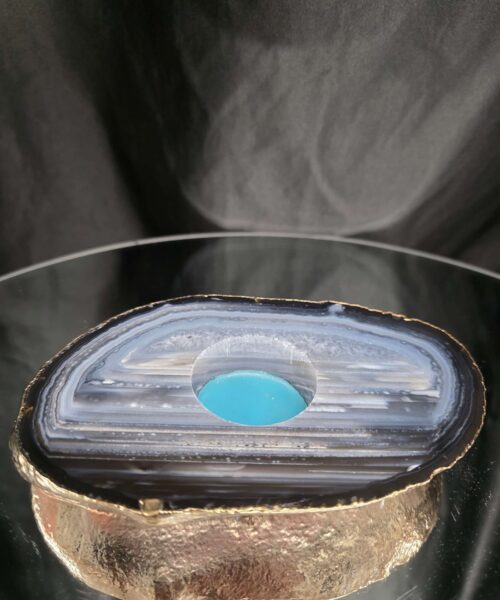 Alternative view of Grey Natural Agate Slice 2 Handpicked 525g H2xW14.5xD9.5cm Microcrystalline Quartz Gold Gilded 24ct Tealight Candle Holder