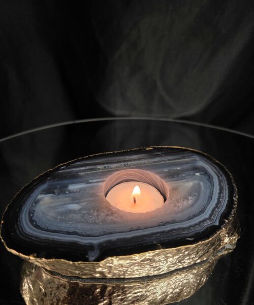 Grey Natural Agate Slice 2 Handpicked 525g H2xW14.5xD9.5cm Microcrystalline Quartz Gold Gilded 24ct Tealight Candle Holder - Image 11