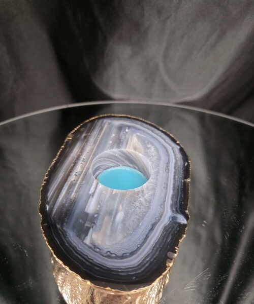 Grey Natural Agate Slice 2 Handpicked 525g H2xW14.5xD9.5cm Microcrystalline Quartz Gold Gilded 24ct Tealight Candle Holder - Image 3