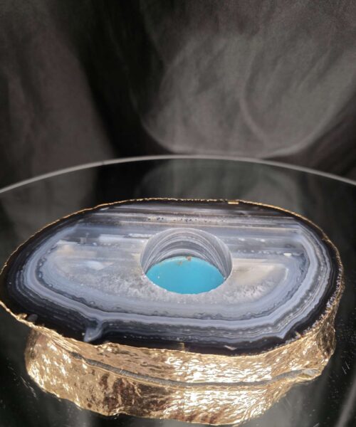 Grey Natural Agate Slice 2 Handpicked 525g H2xW14.5xD9.5cm Microcrystalline Quartz Gold Gilded 24ct Tealight Candle Holder - Image 4