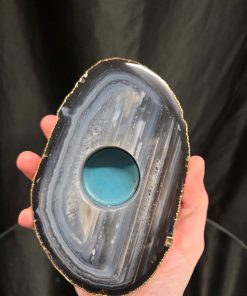 Grey Natural Agate Slice 2 Handpicked 525g H2xW14.5xD9.5cm Microcrystalline Quartz Gold Gilded 24ct Tealight Candle Holder