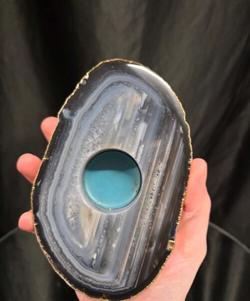 Grey Natural Agate Slice 2 Handpicked 525g H2xW14.5xD9.5cm Microcrystalline Quartz Gold Gilded 24ct Tealight Candle Holder