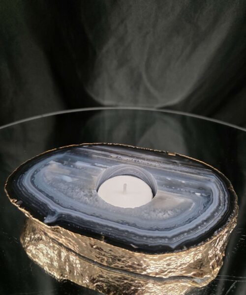 Grey Natural Agate Slice 2 Handpicked 525g H2xW14.5xD9.5cm Microcrystalline Quartz Gold Gilded 24ct Tealight Candle Holder - Image 8