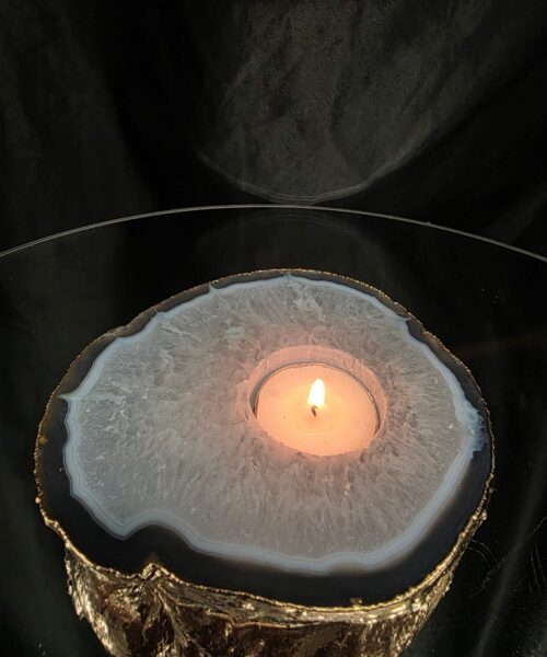 Grey Natural Agate Slice 3 Handpicked 557g H2xW13xD12cm Microcrystalline Quartz Gold Gilded 24ct Tealight Candle Holder - Image 11