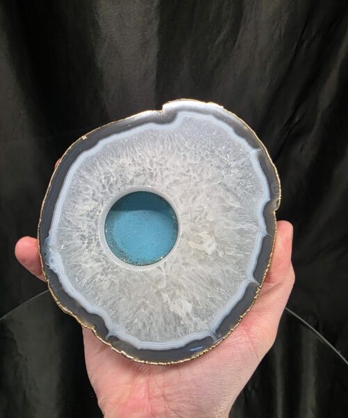 Grey Natural Agate Slice 3 Handpicked 557g H2xW13xD12cm Microcrystalline Quartz Gold Gilded 24ct Tealight Candle Holder