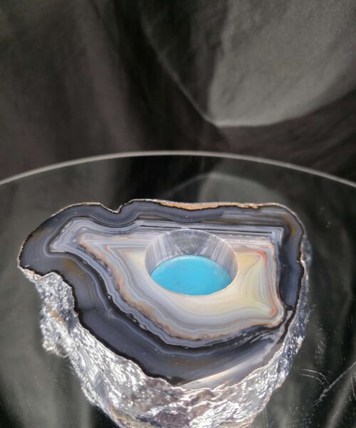 Large Grey - Natural Agate Slice 1 Handpicked 618g H2xW14xD10.5cm Microcrystalline Quartz Silver Gilded Tealight Candle Holder