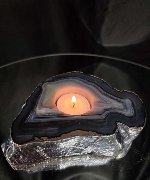 Large Grey - Natural Agate Slice 1 Handpicked 618g H2xW14xD10.5cm Microcrystalline Quartz Silver Gilded Tealight Candle Holder - Image 10