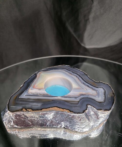 Large Grey - Natural Agate Slice 1 Handpicked 618g H2xW14xD10.5cm Microcrystalline Quartz Silver Gilded Tealight Candle Holder - Image 3