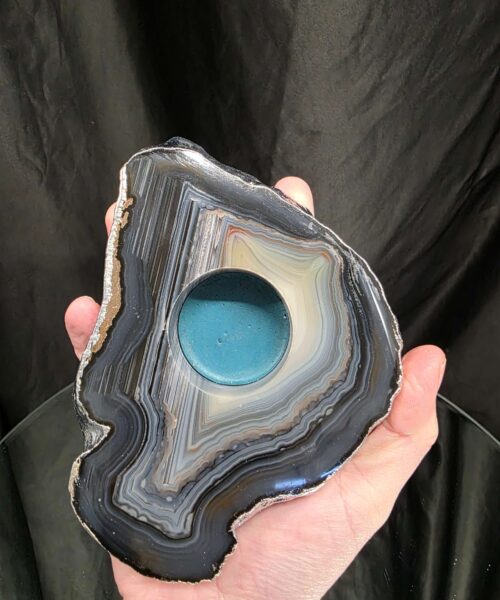 Large Grey - Natural Agate Slice 1 Handpicked 618g H2xW14xD10.5cm Microcrystalline Quartz Silver Gilded Tealight Candle Holder - Image 5
