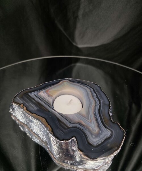 Large Grey - Natural Agate Slice 1 Handpicked 618g H2xW14xD10.5cm Microcrystalline Quartz Silver Gilded Tealight Candle Holder - Image 7