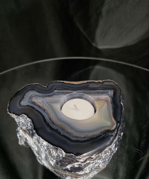 Large Grey - Natural Agate Slice 1 Handpicked 618g H2xW14xD10.5cm Microcrystalline Quartz Silver Gilded Tealight Candle Holder - Image 8