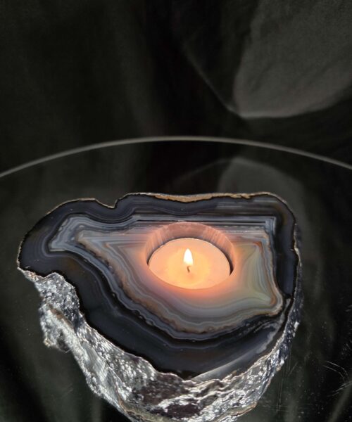 Large Grey - Natural Agate Slice 1 Handpicked 618g H2xW14xD10.5cm Microcrystalline Quartz Silver Gilded Tealight Candle Holder - Image 9